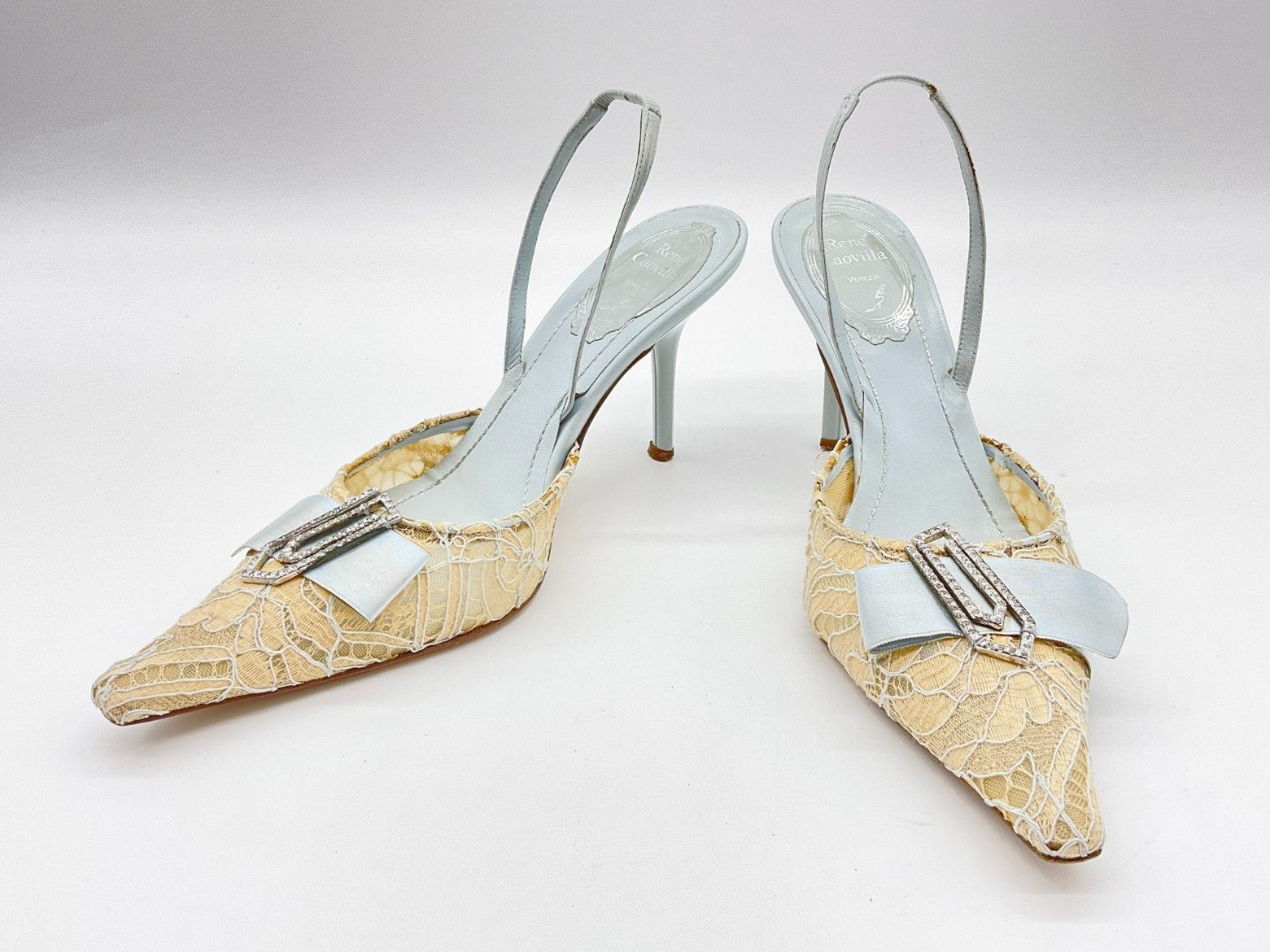 25cm【美品】RENE CAOVILLA レースバックスリング ピンヒール Jeweled Jewel Slingbacks In Lace Venezianan 75 | Rene Caovilla®