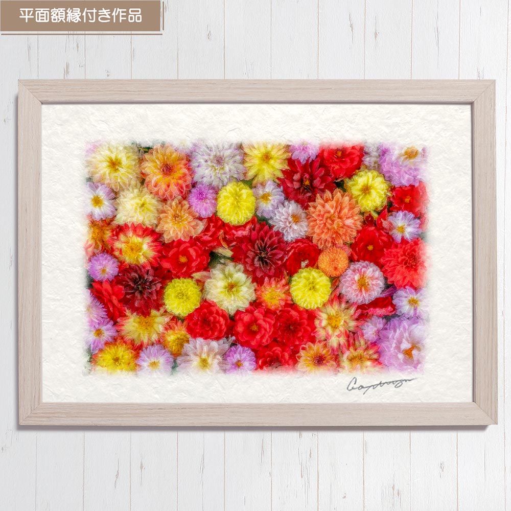 和紙の絵写真 「一面のダリアの花(赤黒)」 平面額縁付き 32x23cm 絵画 インテリア 玄関 風水 風景画 アート パネル ポスター おしゃれ 新築祝い 絵 壁掛け 和モダン 和風 ジャパンディ秋 花の絵