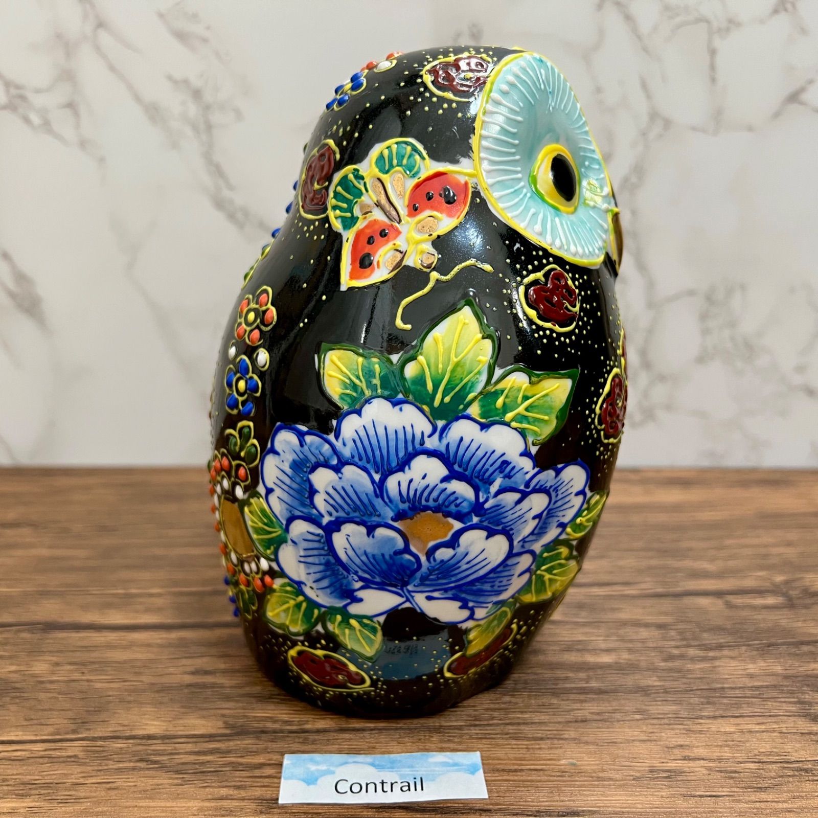九谷焼】6号 ふくろう 牡丹 フクロウ 梟 置物 Kutani Ware Owl Lucky