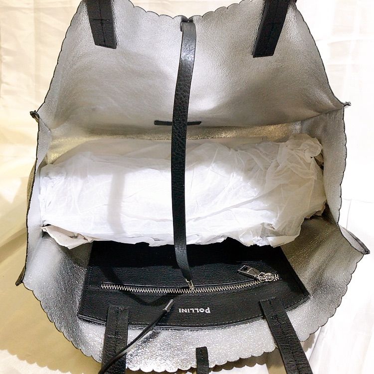 美品】 POLLINI leather silver black tote bag ポリーニ レザー