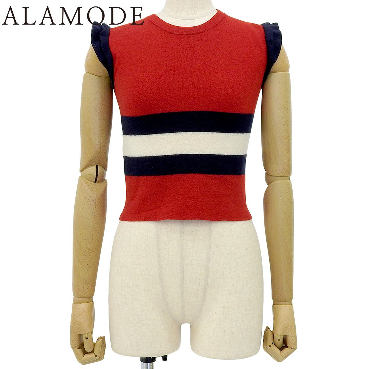 GUCCI グッチ 袖フリル ノースリーブニット ニット セーター アパレル ファッション 衣類 ボーダー S ウール レッド赤 ネイビー紺 アイボリー レディース 40802156622 アラモード