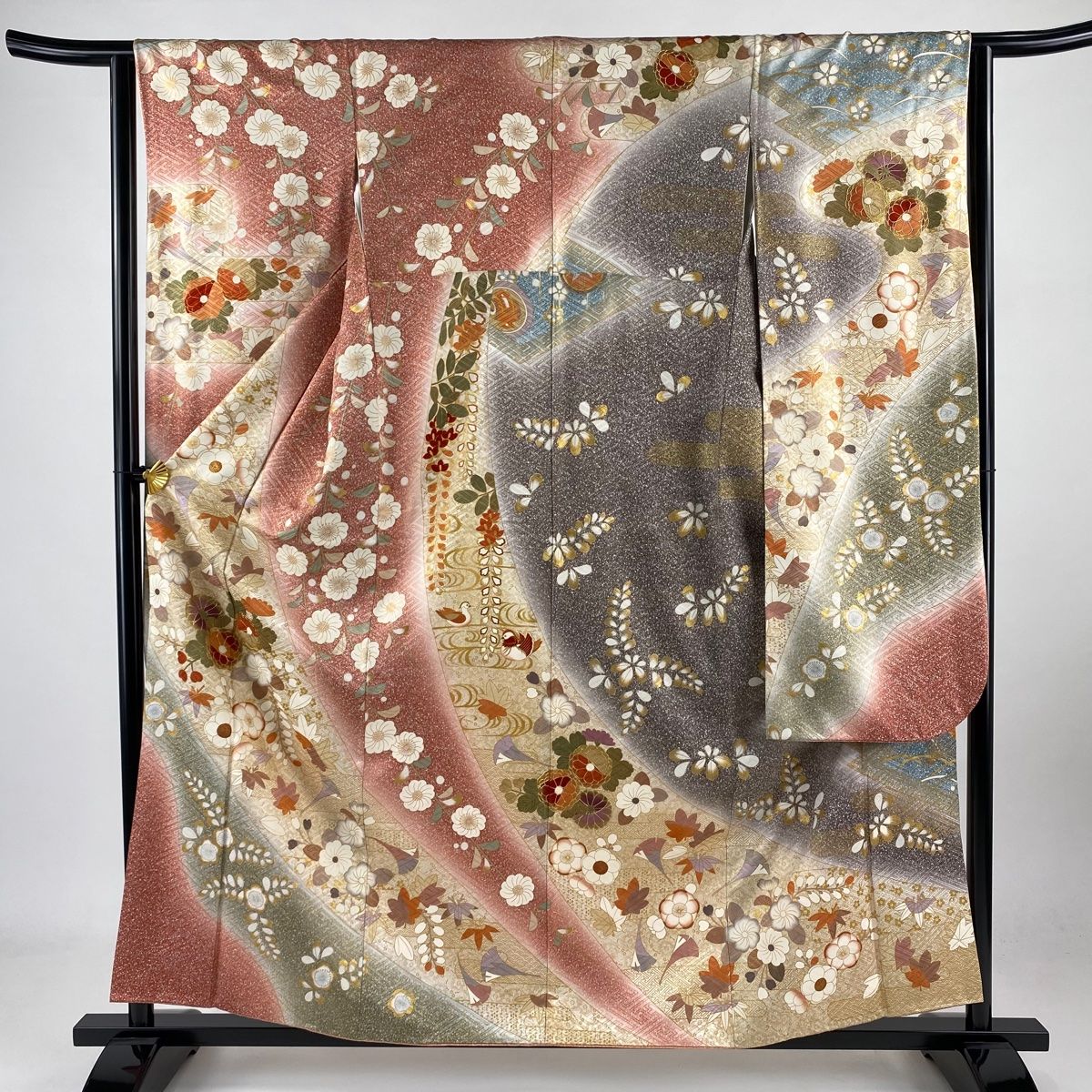 振袖 身丈158cm 裄丈64cm M 袷 草花 枝垂れ桜 金彩 染め分け 茜色 正絹 秀品