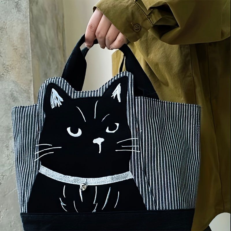 黒猫トートバッグ】バッグ ねこ マチ付き 刺繍 北欧 おしゃれ かわいい
