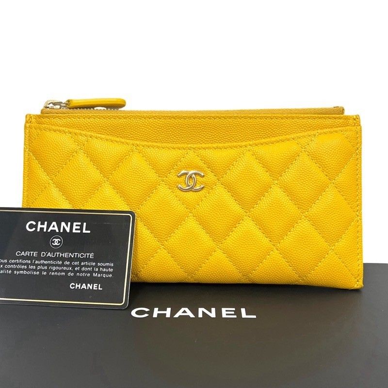 CHANEL シャネル フラグメントケース カードケース コインケース キャビアスキン ココマーク イエロー 付属品有 【美品】 52406K222