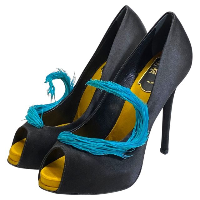ロジェヴィヴィエ ポインテッドトゥ フェザー ブラックサテン パンプス ヒール ブラック サテン レザー ROGER VIVIER サイズ36 約23cm レディース 安心品質 ブランドシューズ 感 パーティー エレガント デザイン