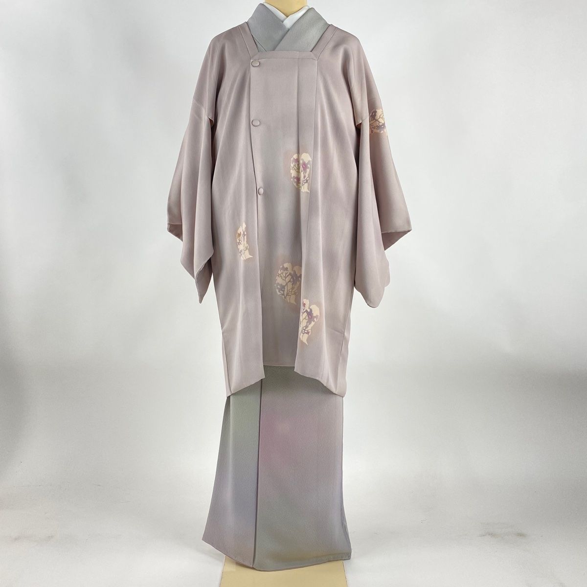 道行 身丈94cm 裄丈63.5cm S 和装コート 角衿 草花 ぼかし 灰紫 正絹 秀品