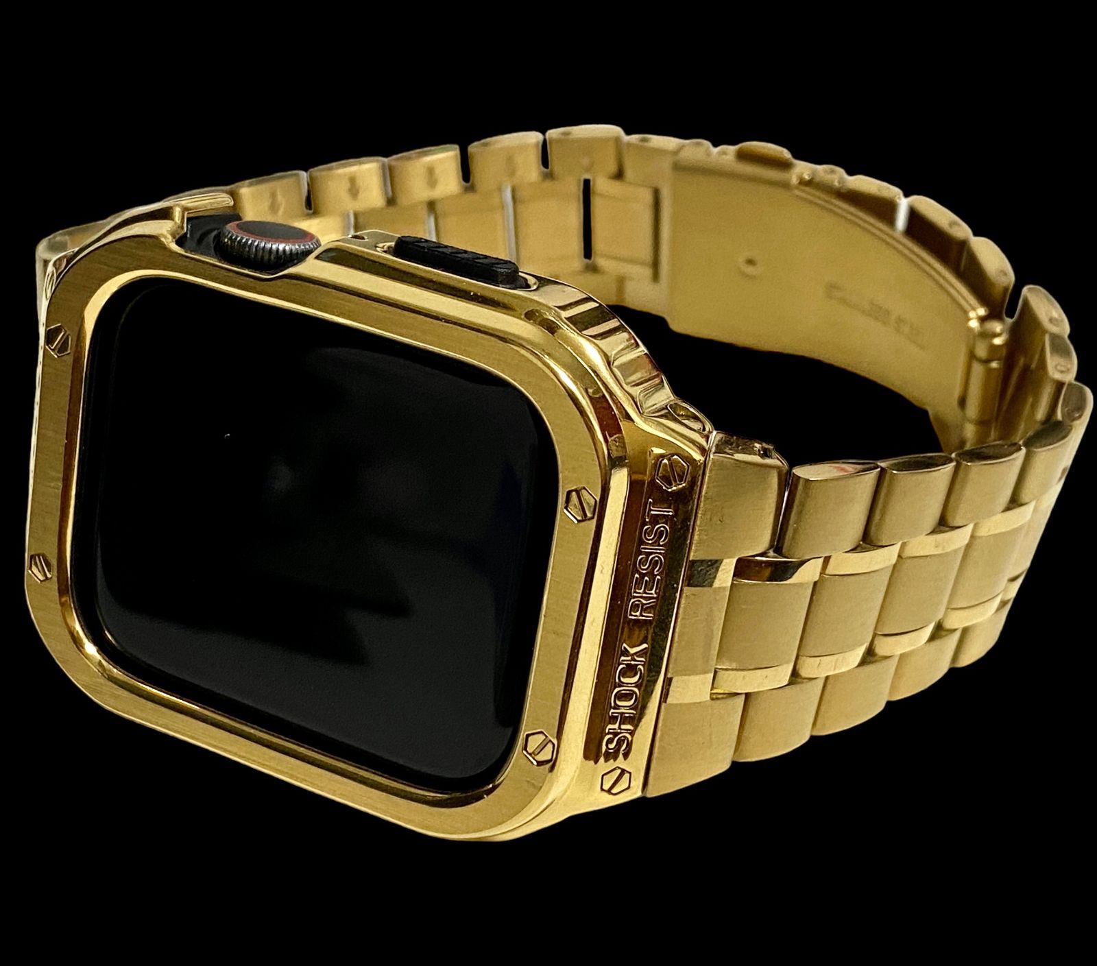 ゴールド★アップルウォッチバンド ステンレス カバー Apple Watch ケース 44mm 45mm メンズ レディース スポーツ 一体型 316L高級ステンレス