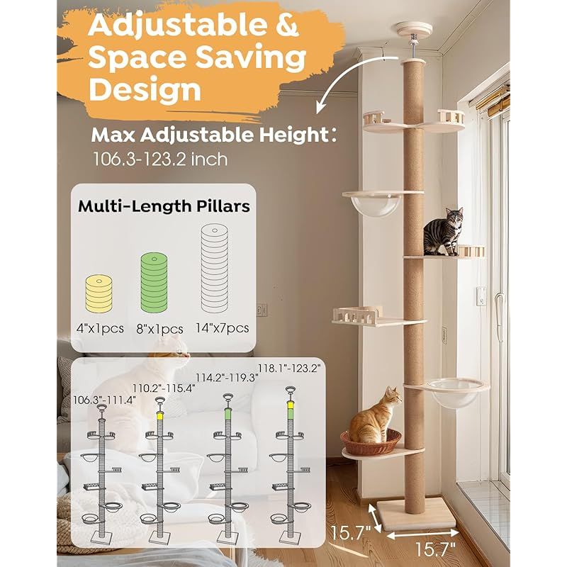 Veehoo キャットタワー 突っ張り キャットタワー シングル キャットタワー 突っ張り 猫タワー 省スペース 高さ 270 313 cm 全縄巻き 運動不足 爪研ぎ ストレス解消 太い支柱 多頭飼い 安定性良い 猫ツリー キャットランド キャットポール 1