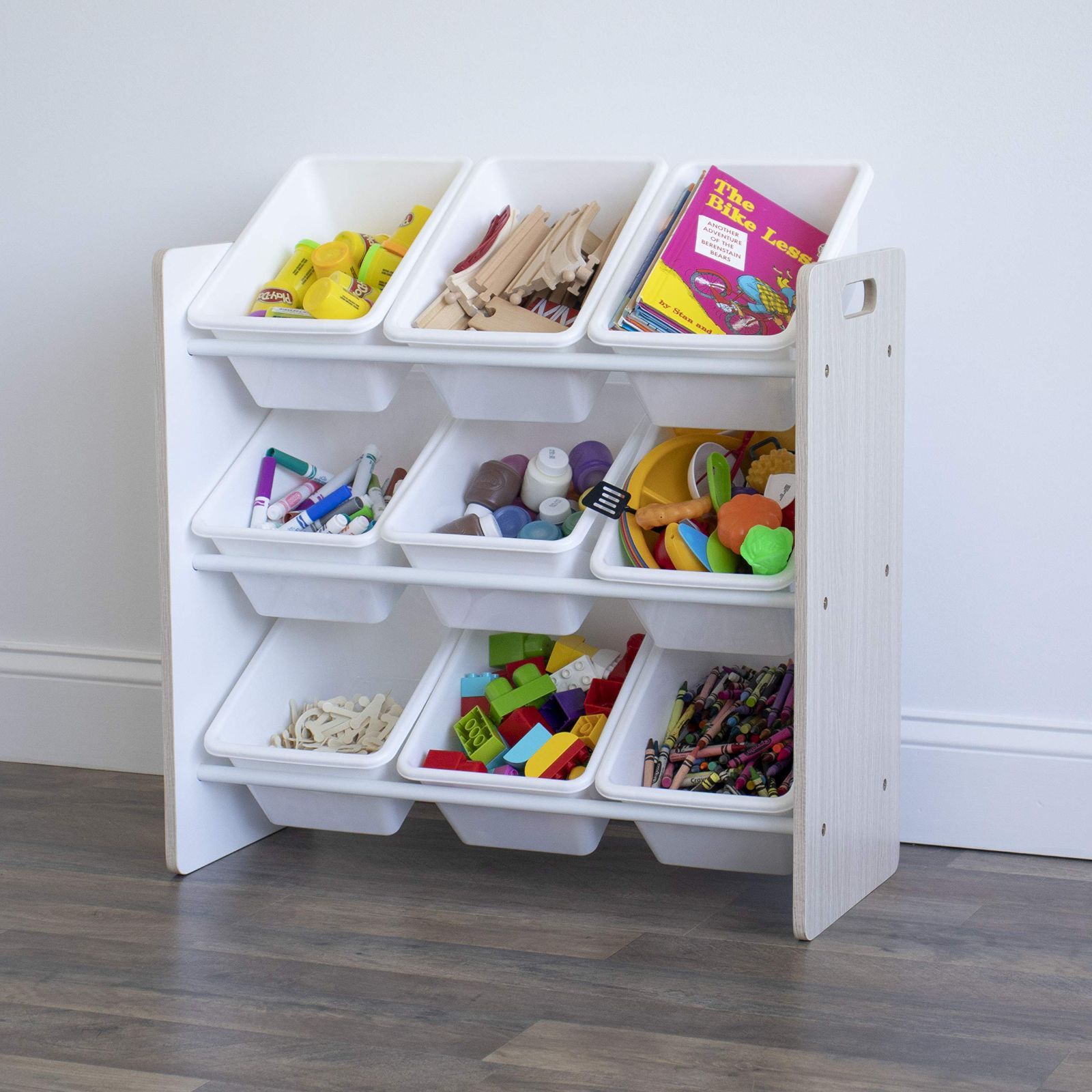 Humble Crew Toy Storage Shelf Pastel/White Chalkboard Side Panel 9 Storage Boxes Included