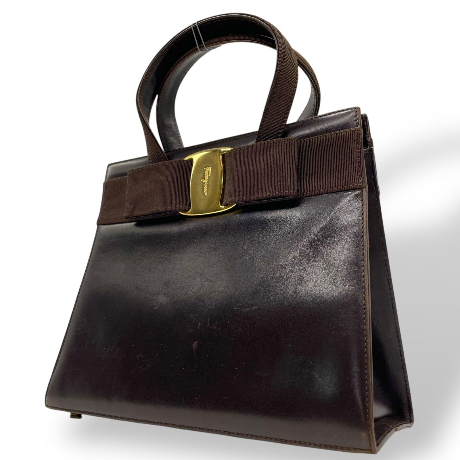 美品》Ferragamo（フェラガモ）レザー ハンドバッグ ダークブラウン 