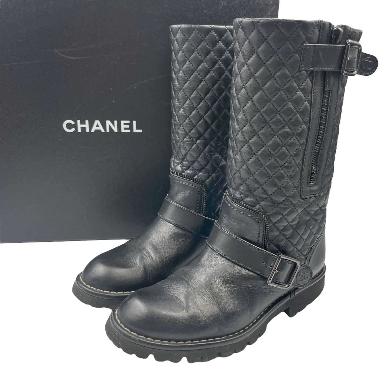シャネル　エンジニアブーツ　フェルト　37 美品 CHANEL シャネル エンジニアブーツ マトラッセ
