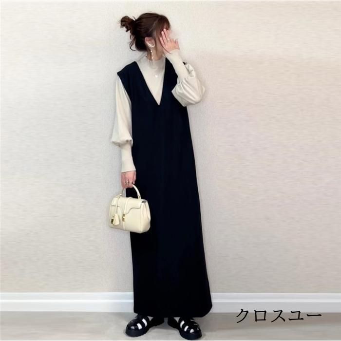 Vネック マキシ丈ワンピース