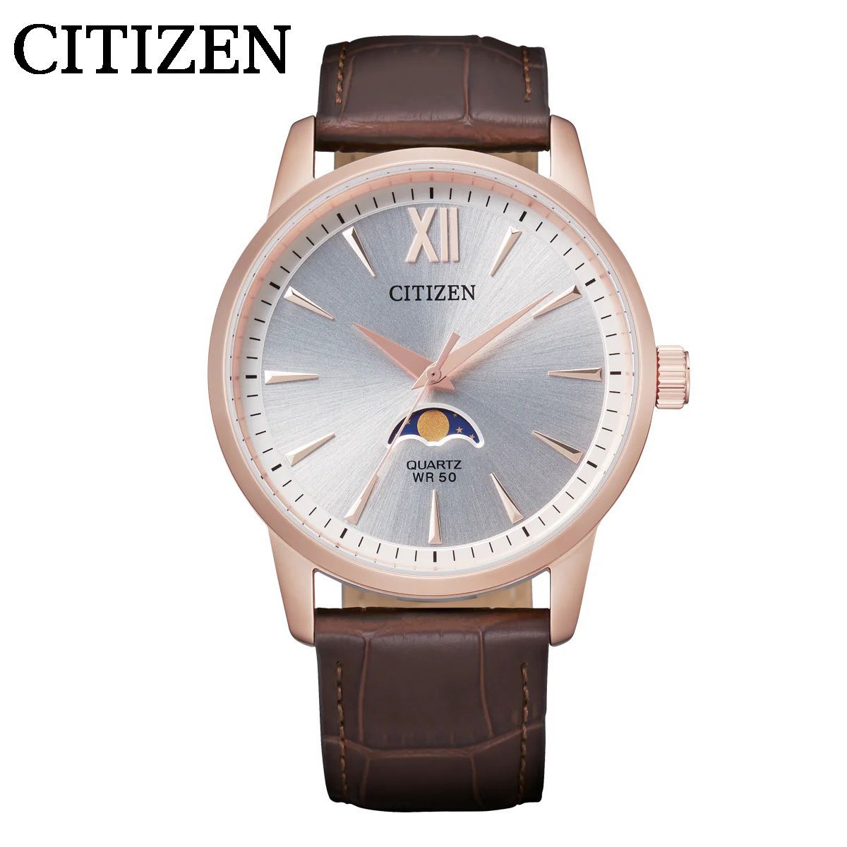 CITIZEN シチズン メンズ 腕時計 Quartz Moonphase アナログ クォーツ ムーンフェイズ AK5003-05A 50M防水 シルバー ローズゴールド ピンクゴールド ブラウン レザーベルト 革ベルト 日本製ムーブメント