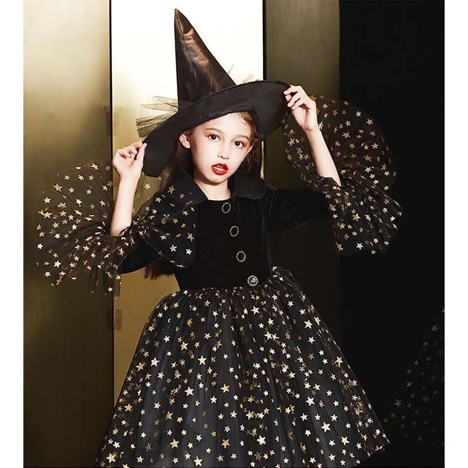 コスプレ 衣装 子供服 ハロウィン 魔女 ウィッチ 女の子 ワンピース パフスリーブ 長袖 帽子 星柄 キラキラ コスチューム パーティ