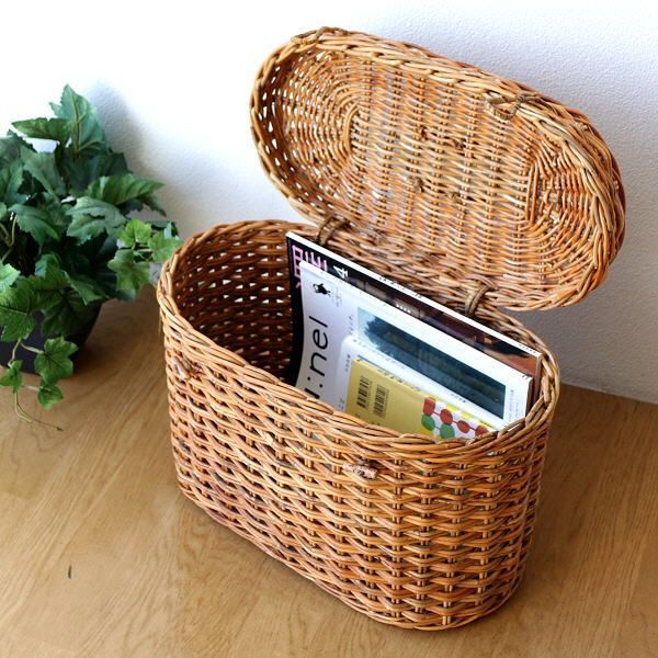 バスケット カゴ バスケット 収納かご おしゃれ かわいい ナチュラル ラタン 蓋つき ハンドル付き 自然素材 トイレットペーパー キッチンペーパー 収納 フタ付きオーバルバスケット