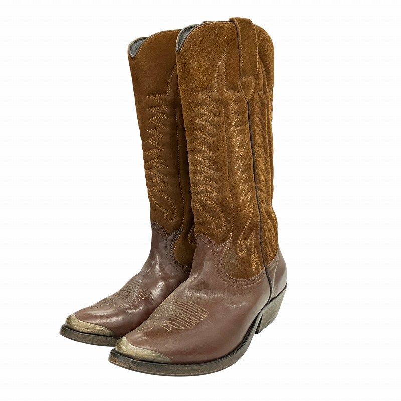ゴールデングース GOLDEN GOOSE ウエスタンブーツ ミドルブーツ チャンキーヒール 本革 レザー ポインテッドトゥ ステッチ 37 茶 ブラウン 0728