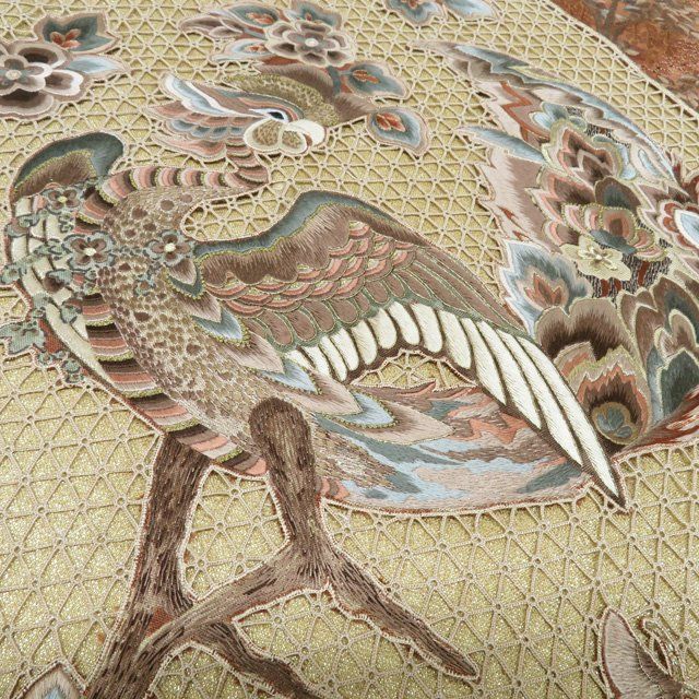 特選 蘇州刺繍 相良刺繍 神獣 袋帯 鳳凰 獅子 唐花文様 金糸 正絹 六通 特選 袋帯 中古 全通 牛首紬 蘇州刺繍 汕頭刺繍 鳳凰 金糸 A1235