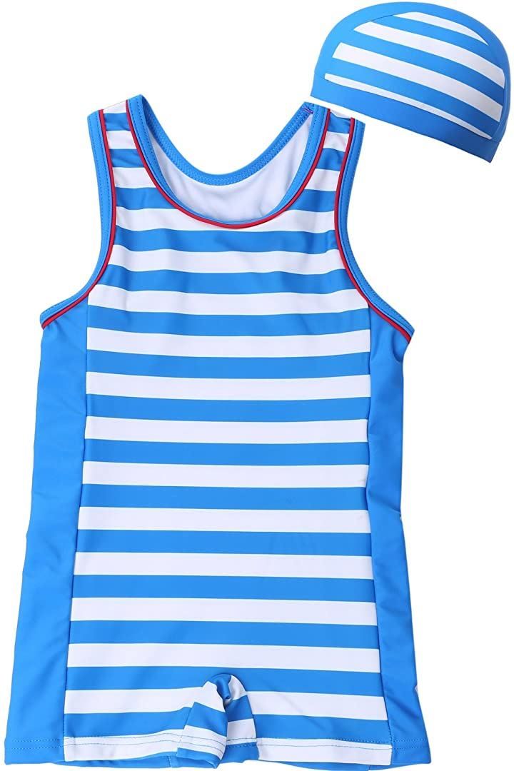 Babystity ベビー 水着 UPF50+ グレコタイプ ボーダー柄 帽子付き 2点セット 男の子 赤ちゃん 70～100cm( ブルー，  100)