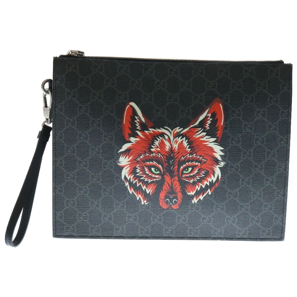 GUCCI グッチ GGスプリーム クラッチバッグ ウルフズヘッド 黒 PVC×レザー セカンドバッグ 547084