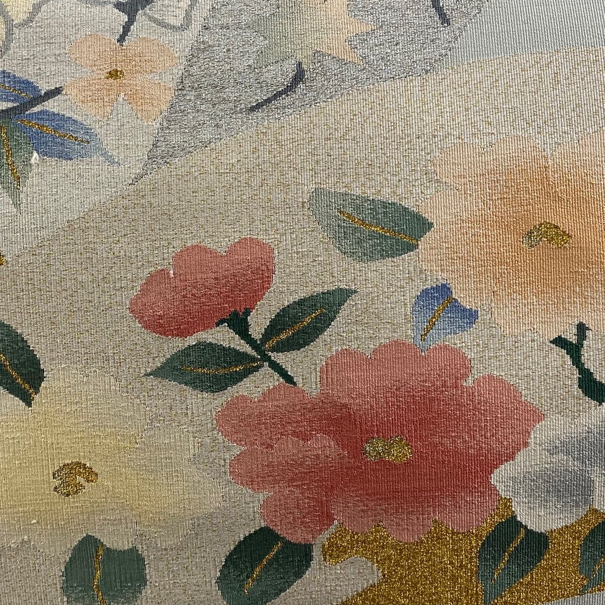 名古屋帯 秀品 扇面 草花 金銀糸 灰色 正絹