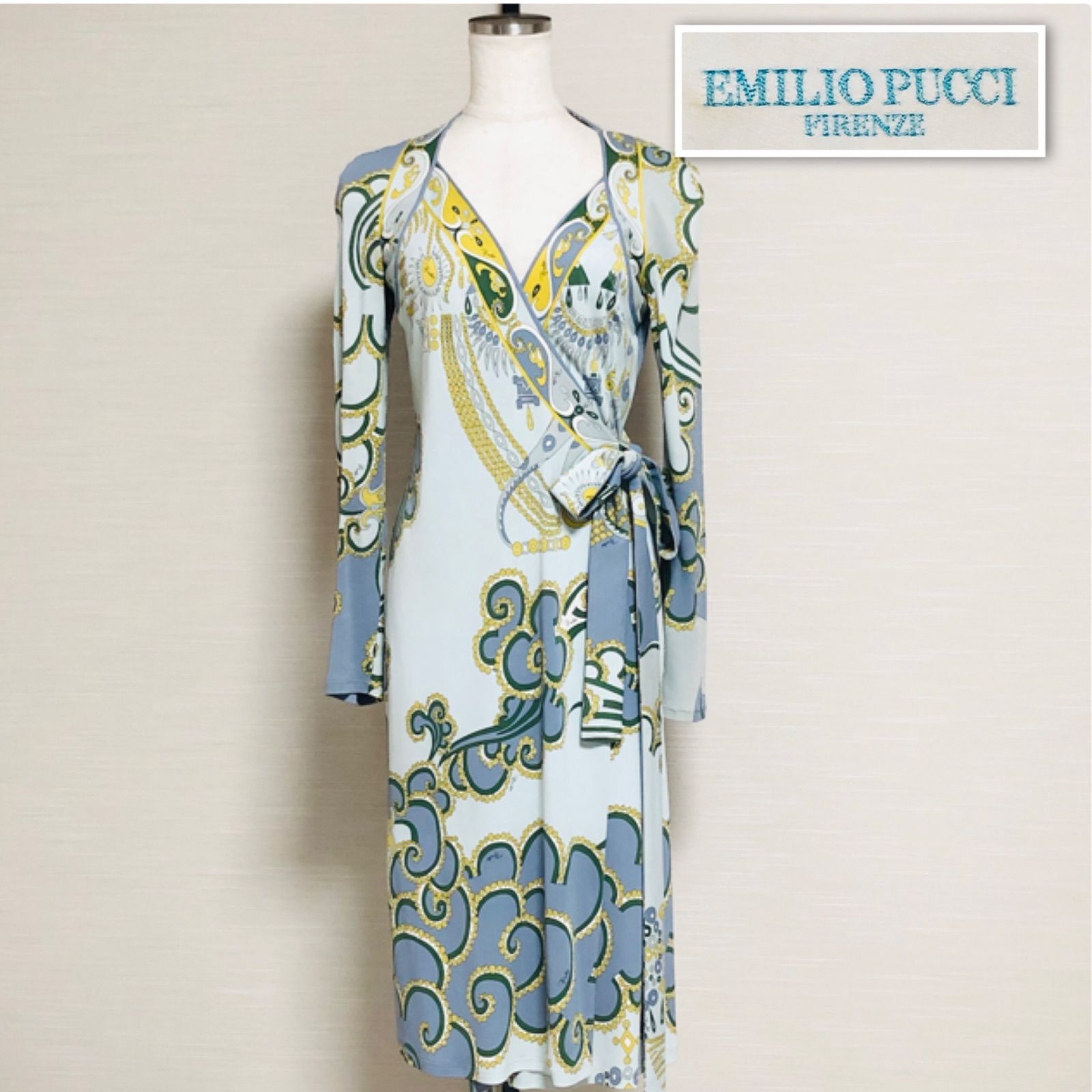 □希少□レーヨン100%□EMILIO PUCCI エミリオプッチ ラップワンピース 長袖 ロング プッチ柄 総柄 リボンベルト ベルトホールあり  size38(S相当) イタリア製 グリーン×ブルー×イエロー系 ルイヴィトングループタグあり ストレッチ素材 - メルカリ