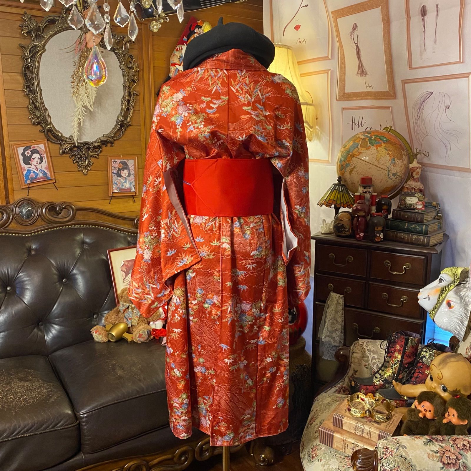 SALE 着物リメイク　背中開き　シルク　フリルワンピース　調整可能ベルト SALE 着物リメイク 背中開き シルク フリルワンピース 調整可能