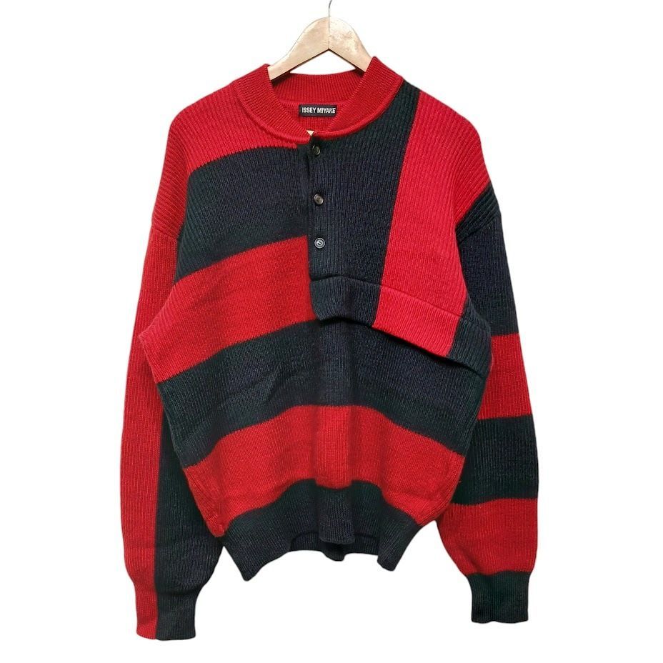 90s ISSEY MIYAKE イッセイミヤケ ヘンリーネックニット セーター レッド ボーダー OLD ヴィンテージ ME13KN091