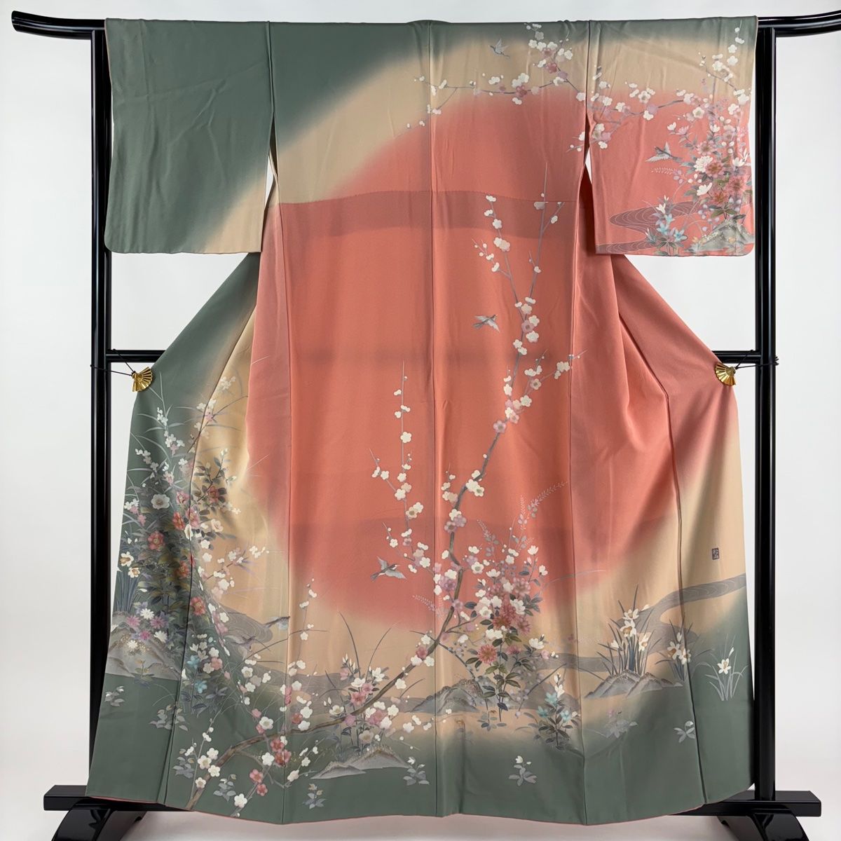 訪問着 身丈158.5cm 裄丈64.5cm M 袷 落款 椿 枝梅 金銀彩 ぼかし 灰緑 正絹 名品 一つ紋