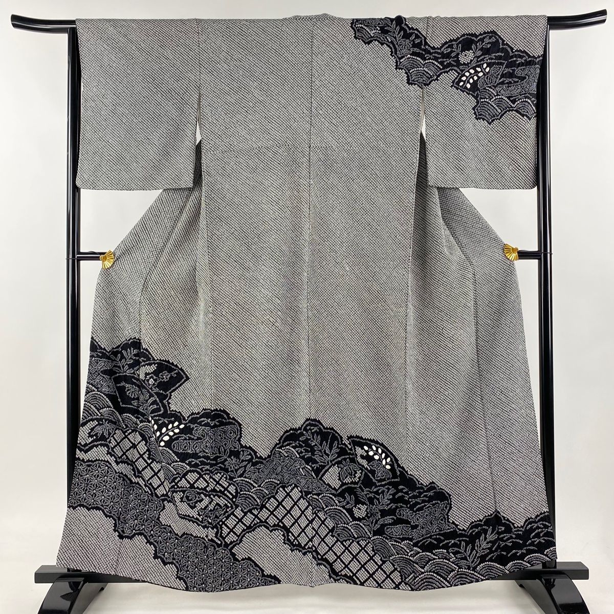 訪問着 身丈157.5cm 裄丈65cm M 袷 扇面 波 総絞り 黒 正絹 名品
