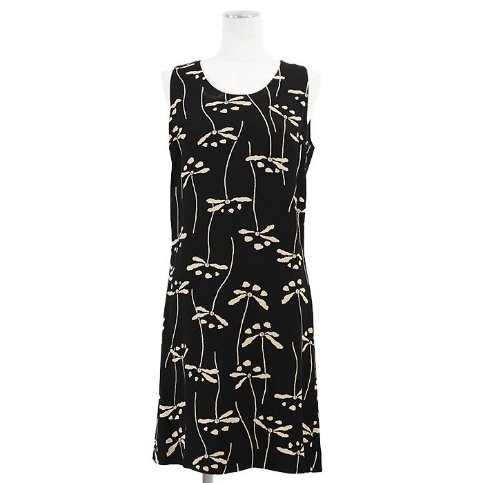 ヴィンテージ CHANEL シャネル ワンピース 98P BOUTIQUE ブティック シグネチャー フラワー 花柄 COCOマーク プリント ロゴ 刻印ボタン バックファスナー ノースリーブ ドレス レディース 36 ブラック アイボリー 黒 総柄 仏製