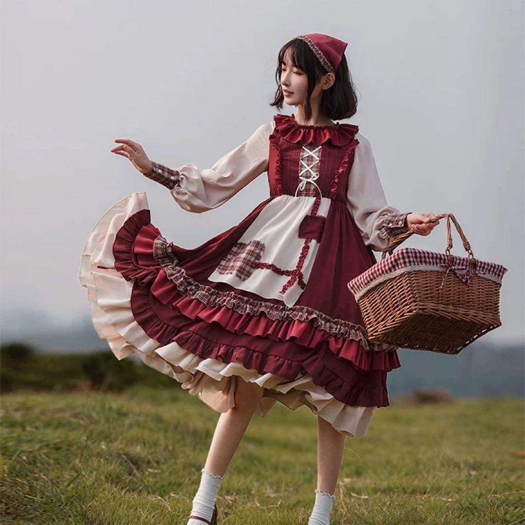 ♥ ロリータひざ丈チェック柄ワンピース＆ケープセット 普段着女子会