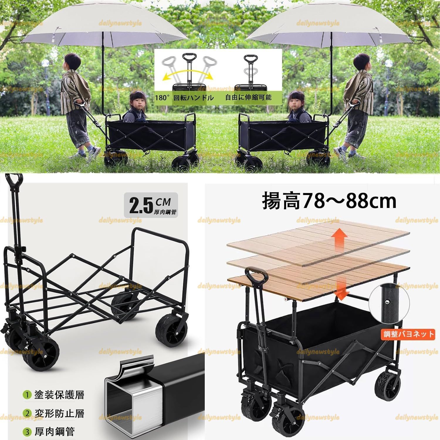 屋外ベンダー用のポータブル木製マーケットストールディスプレイスタンド 折りたたみ式食品ディスプレイカート