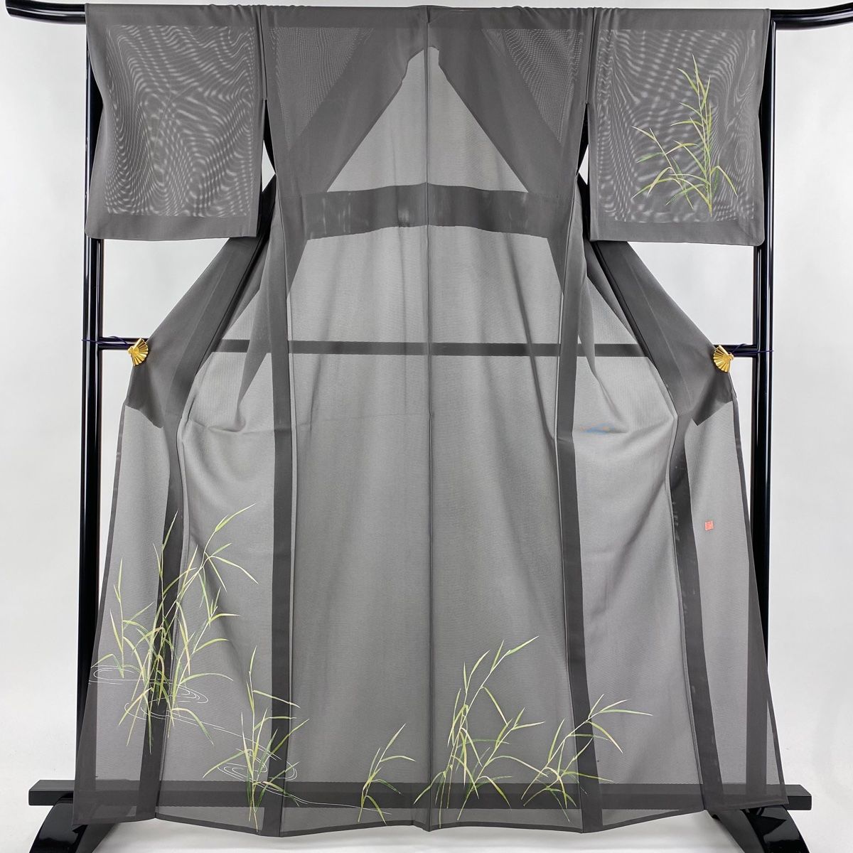 付下げ 身丈164cm 裄丈66cm M 薄物 北出与三郎 絽 落款 流水 葉柄 灰色  