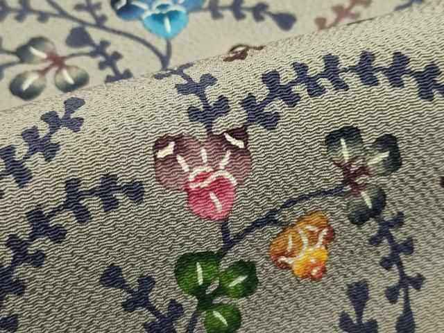 平和屋本店■最高級　城間栄順　本場琉球紅型　九寸名古屋帯　草木文　鬼しぼ縮緬　利休色地　逸品　未使用　CZAA2691s5 平和屋本店□最高級 城間栄順 本場琉球紅型 九寸名古屋帯 草木文 鬼