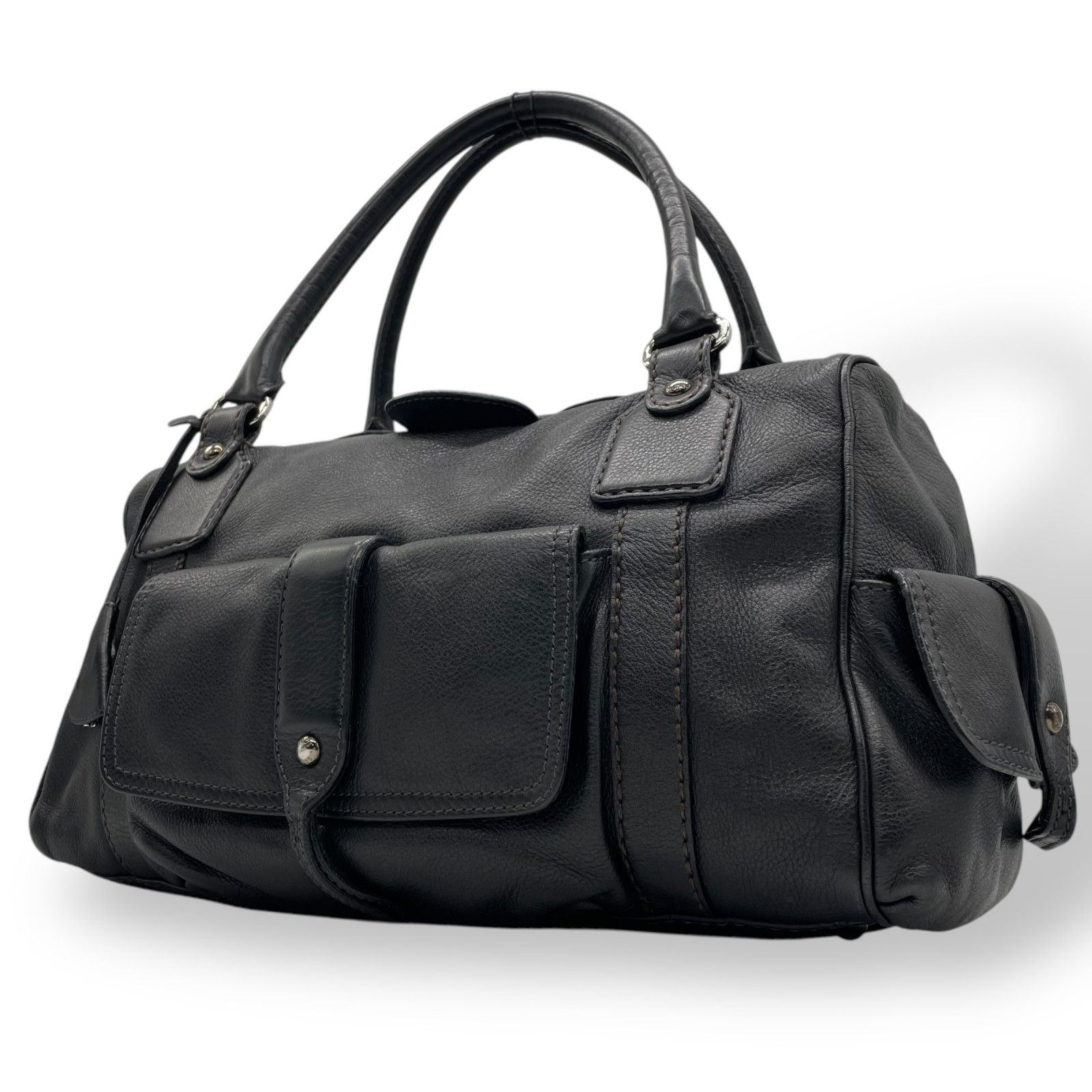 美品　TOD'S トッズ　オールレザー　シルバーロゴ　ミニボストン　黒 極美品 TOD'S トッズ ボストンバッグ ハンドバッグ ミニボストン