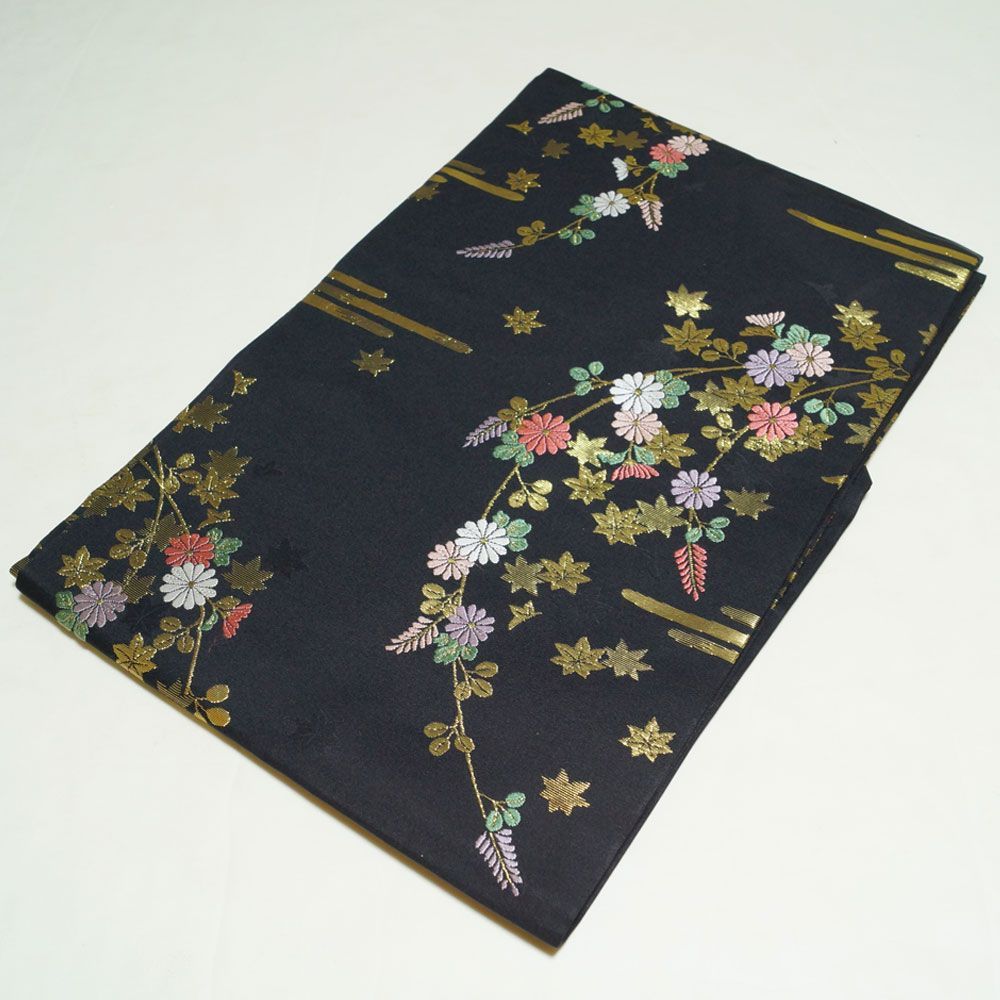名古屋帯 エ霞に秋草模様 六通柄 刺繍 【送料無料 中古 名古屋帯