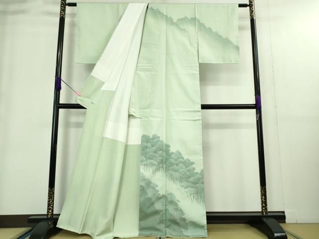 平和屋着物 上 石川県指定無形文化財 牛首紬 白山工房 手織り 訪問着 作家物 樹林文 白緑色地 DZAA9249kh5