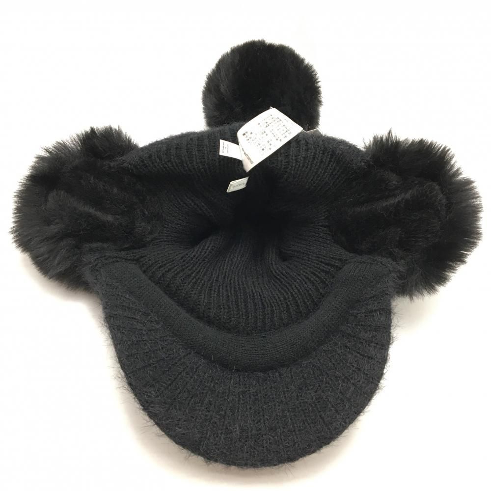 超美品】デサントゴルフ 耳当て付きつば付ニット帽 黒 フェイクファー