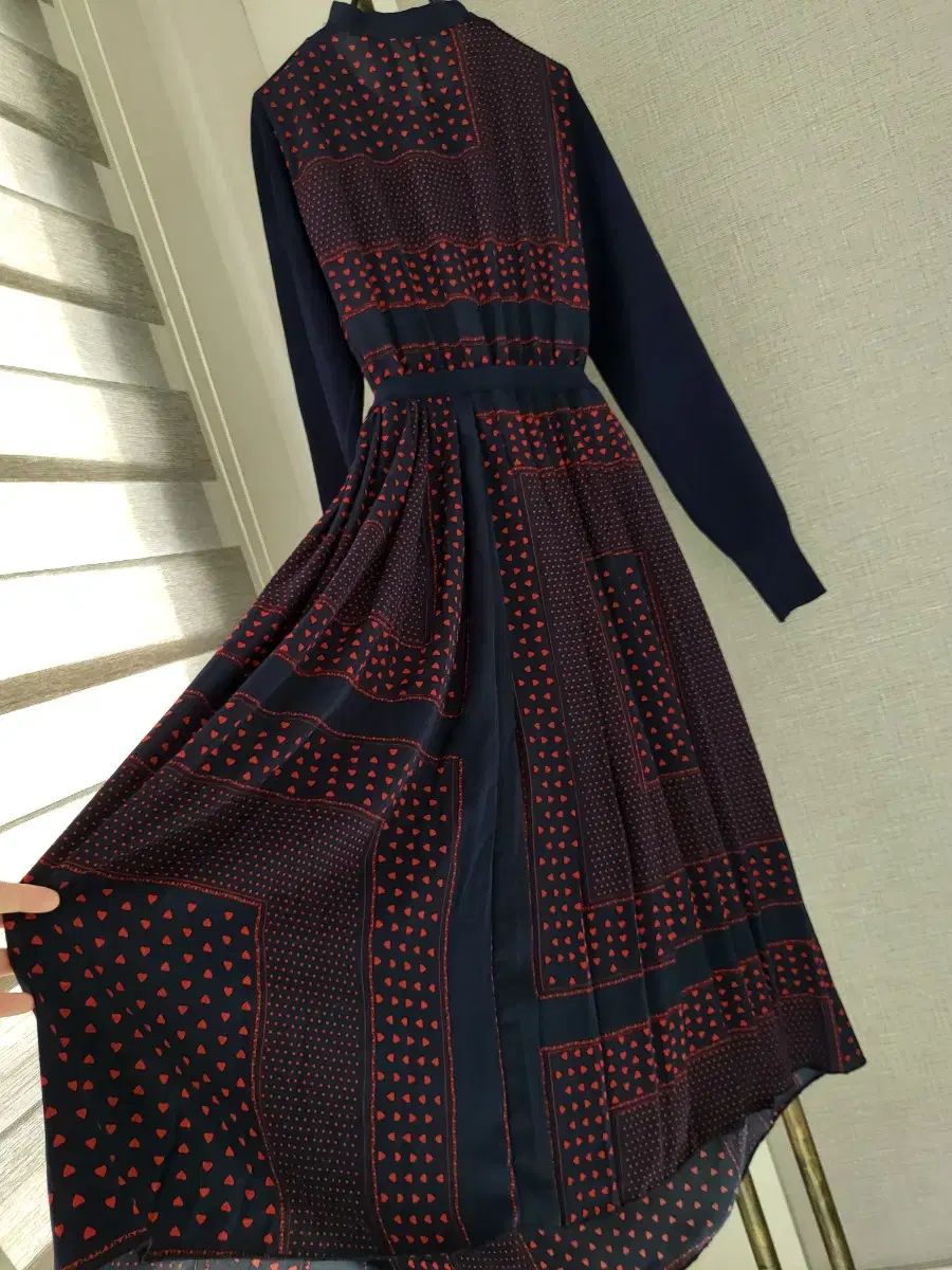 ネイビー ニット+シフォン ロング丈ワンピース