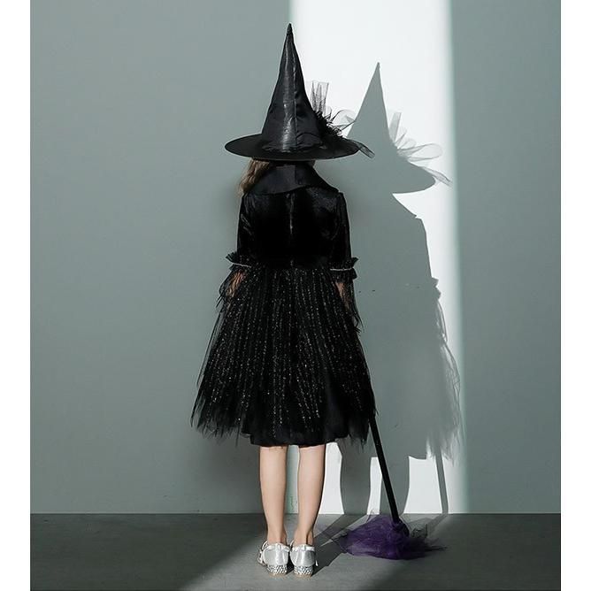 コスプレ 衣装 キッズ ハロウィン 魔女 ウィッチ 女の子 ワンピース パフスリーブ 長袖 帽子 ひざ丈 コスチューム パーティ イベン 仮装 SKLAD-KIRPICHA_RU