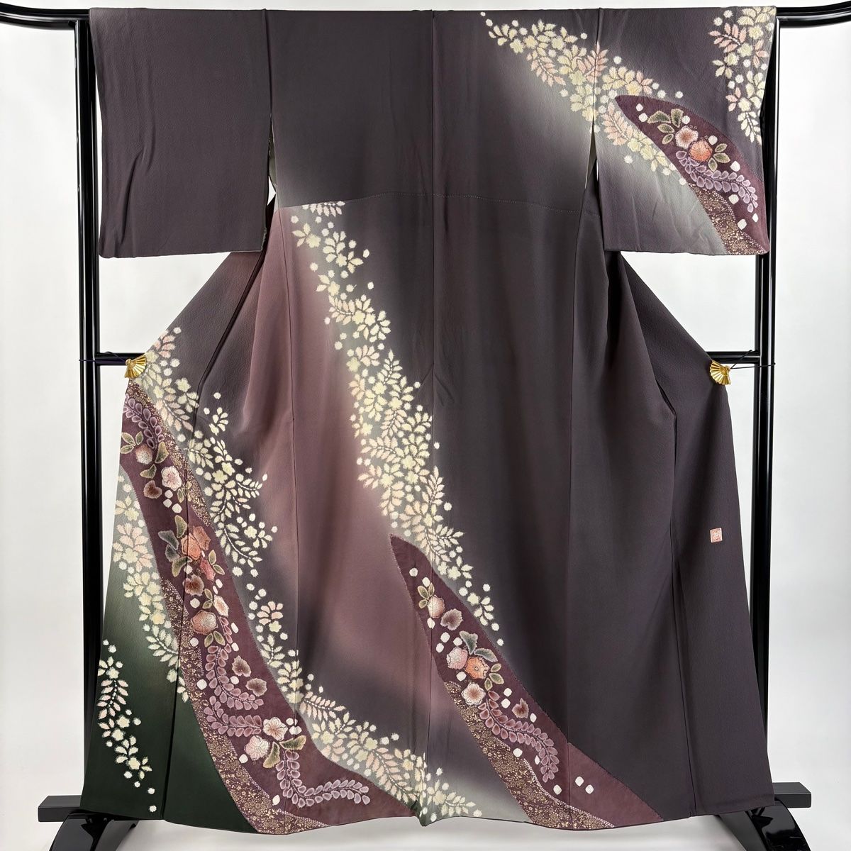 訪問着 身丈161cm 裄丈64cm M 袷 滝泰 落款 辻が花 金彩 染め分け 灰紫 正絹