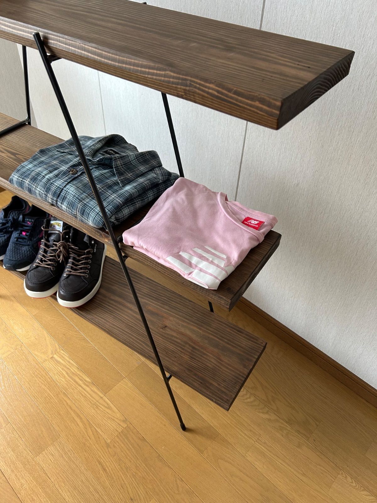 【カフェ板×アイアン】3段シェルフ｜古材風ジャコビーン仕上げ カフェ板×アイアン】3段シェルフ｜古材風ジャコビーン仕上げ