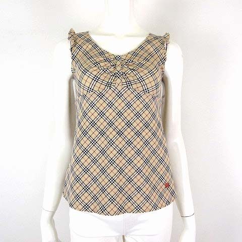 バーバリーブルーレーベル BURBERRY BLUE LABEL カットソー シャツ トップス ノースリーブ フリル ノバチェック柄 ロゴ 刺繍 ストレッチ M 38 ベージュ 黒 赤