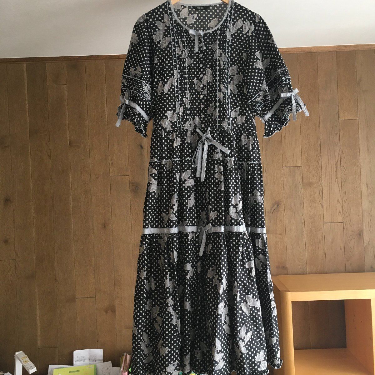 極美品 PINK HOUSEピンクハウス 水玉りぼんプリント ワンピースF  