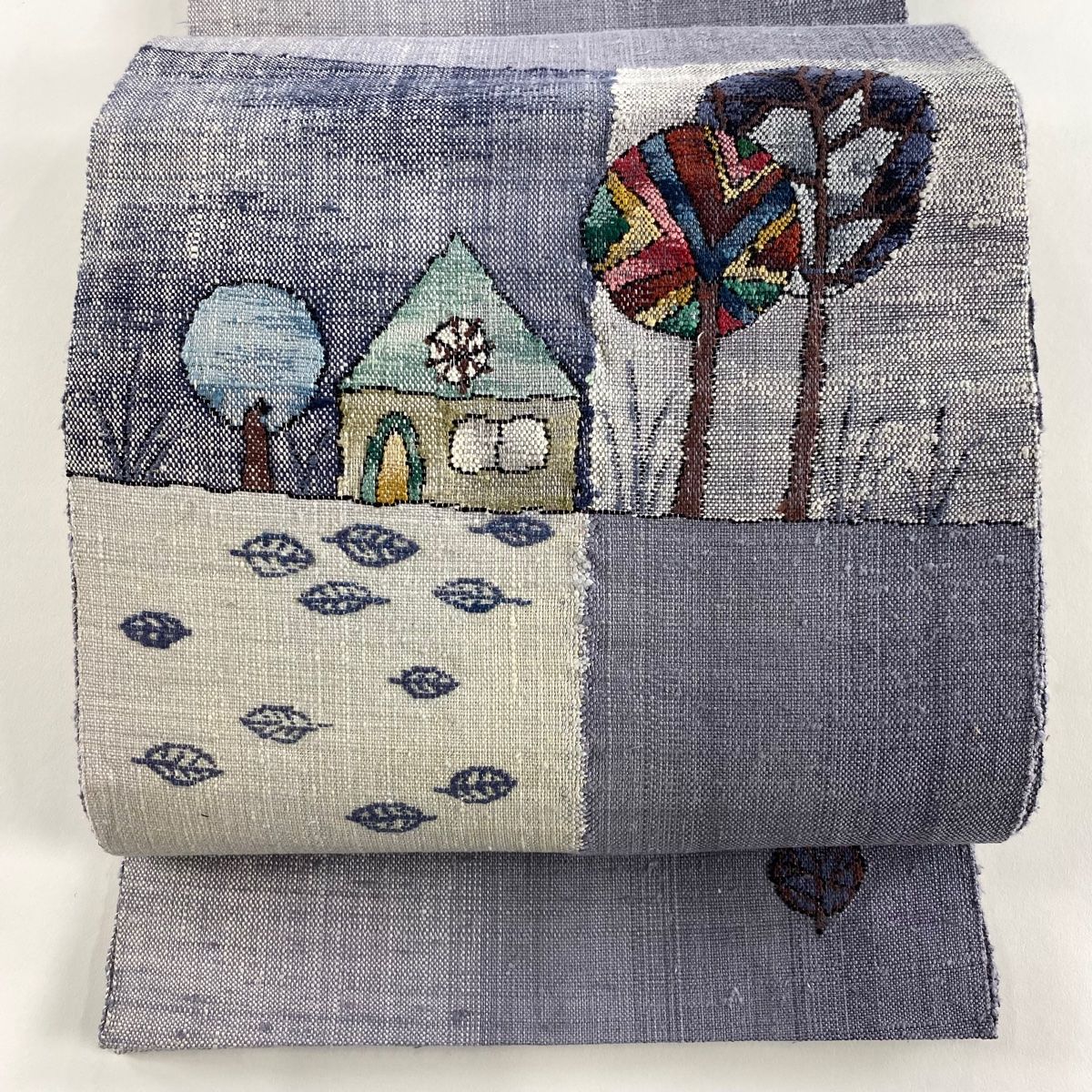 名古屋帯 秀品 松葉仕立て 八寸名古屋帯 紬地 家 樹木 灰紫 正絹