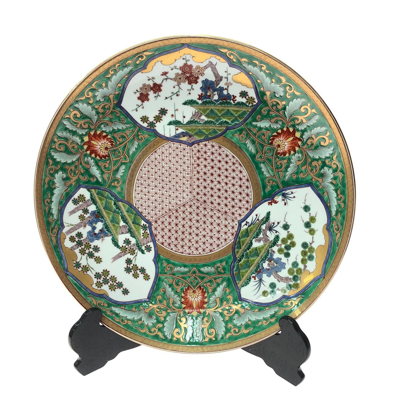 ▽▽ 有田焼 哲山作 大皿 額皿 松竹梅 飾皿 色絵 金彩 46cm 共箱