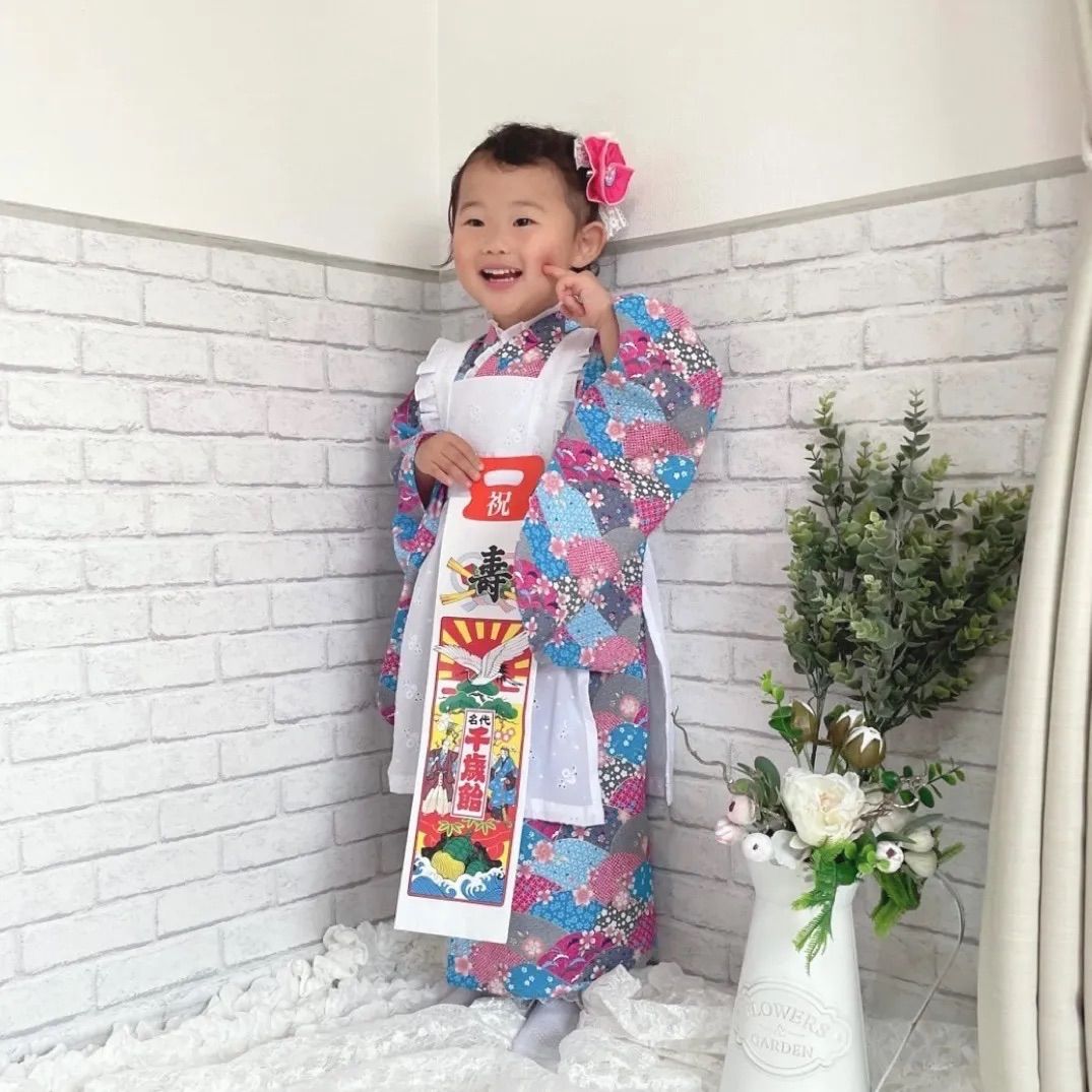 七五三 3歳 女の子 着物＆被布エプロンセット 花柄パステルカラー 