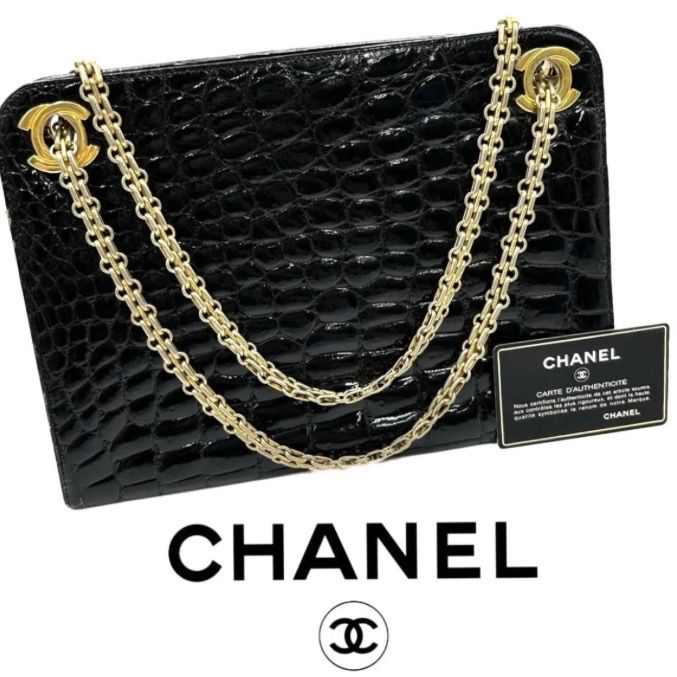 【極美品】セレブ愛用◎ CHANEL　シャネル　クロコダイル　チェーンショルダーバッグ　ショルダーバッグ　セミショルダーバッグ　カバン　リアルレザー　 黒　ブラックココマーク　CCロゴ　vintage　ヴィンテージ　ビンテージ　レトロ　レディース　パーティー