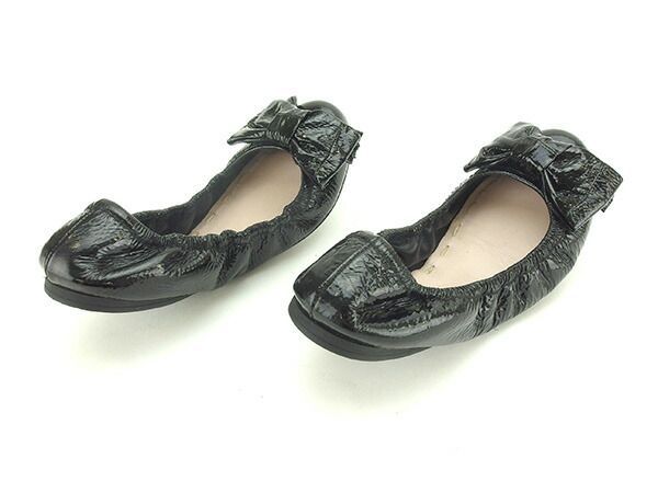 【美品】ミュウミュウmiu miu  エナメルレザー×ウールリボン 総花柄ロングブーツ ミュウミュウ フラットシューズ 靴 ♯34 バレエシューズ リボン