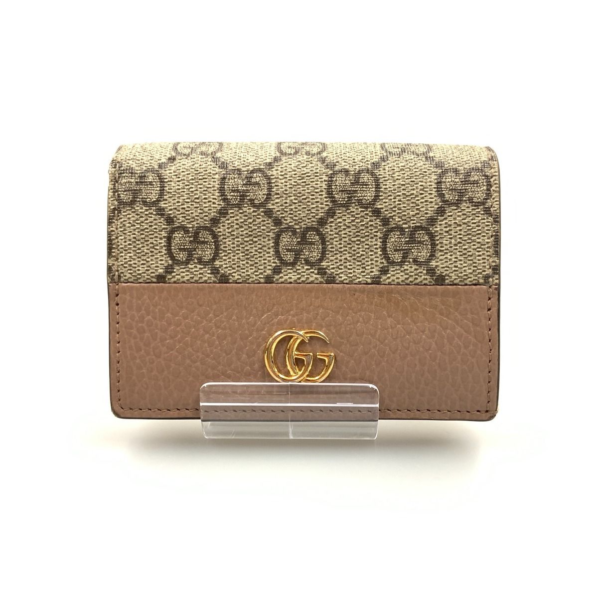 〇〇GUCCI グッチ GGスプリーム ダブルGカードケースウォレット ミニウォレット 二つ折り財布 658610 ピンク x ベージュ